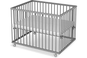 Sämann Laufstall Baby 75x100 cm mit Matratze | TÜV geprüft 2023 | stufenlos höhenverstellbar | Laufgitter Premium | Babybett aus Holz | Krabbelgitter grau