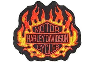 MAINLY METAL Toppa ricamata termoadesiva per motociclista, motivo: fiamme Harley Davidson
