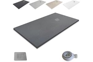 Plato de Ducha Resina Extraplano outletaseo – Antideslizante Textura Pizarra - Todas Las Medidas Disponibles -Todos los Colores - Incluye Válvula desagüe+Rejilla (140x80, GRIS GRAFITO RAL 7021)