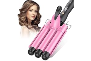 DSGKUU Hair Curler, 3 Barrels Hair Waver Curling Iron Big Wave Hair Crimper Wand for Long Hair, Electric Hair Crimpers Tongs with Two Speed Temp Control, 25MM, Pink