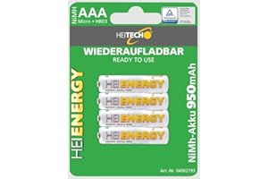 HEITECH PROMOTION GMBH HEITECH vorgeladener 4er Pack NIMH-Akku Micro/AAA / HR03 950 mAh 1,2V - Wiederaufladbare Batterien mit geringer Selbstentladung - Akkus für Geräte mit hohem Stromverbrauch