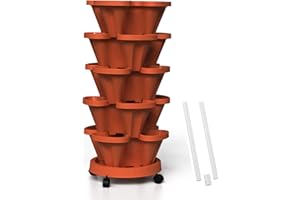 Tectsia Strawberry Vertical Planter, 5 Tiered Stacking Garden Tower, Stackable Herb Vegetable Planters with Support Pole Indoor and Outdoor - Terra Cotta