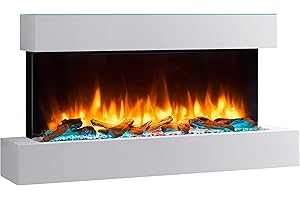 RICHEN Caminetto elettrico Ignis con piatto di vetro- Camino elettrico da terra con riscaldamento, illuminazione a LED, effetto fiamma 3D e telecomando - Bianco