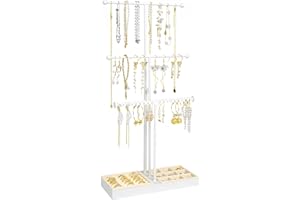 JUPELI Jewellery Stand Organiser, 3-Tier Adjustable Height Metal Tree Jewellery Necklace Display Stand Earrings Holder with Tray for Home, Storage for Necklaces Rings Earrings (with tray)