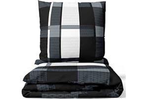 ‎LEONADO VICENTI Leonado Vicenti Bettwäsche 135x200 4teilig Grau Schwarz Karo Bettbezug Kissenbezug Schlafzimmer Set Knitterfrei
