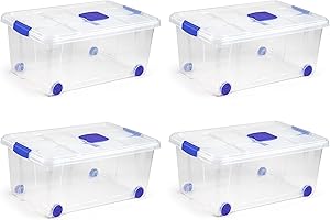 KINGNET Cajas Almacenaje Plástico con Tapa y Cierre a Presión, Cajas Oranizadoras Transparente, Perfecta para Almacenar Ropa, Juguete, Libro y Productos de hogar (Nº3-36Litros, Pack 4 unidades)