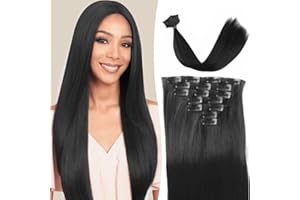 RPAEOY 7 Pièces Perruque Femme 22 Pouce Naturel Clip in Synthetic Hair Extensions avec 16 Clips Naturels Lisse Extensions à Clips pour Fêtes et Jeux de Rôle(Noir Naturel)