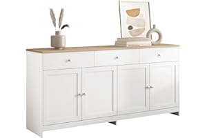 ‎MERAX Merax Sideboard Kommode Weiß, Anrichte mit 3 Schubladen und 4 Türen, Moderne Beistellschrank Schrank Mehrzweckschrank Flurschrank, viel Stauraum für Wohnzimmer, Esszimmer, 160 x 37 x 75 cm