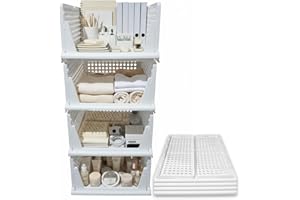 KAPCO Wardrobe Storage Organiser 4-Pack, Stackable Foldable Plastic Storage Baskets Drawers, Clothes Boxes Shelf Organisers for Bedroom Cupboard Bathroom Closet, Space-Saving Storage Solution, White