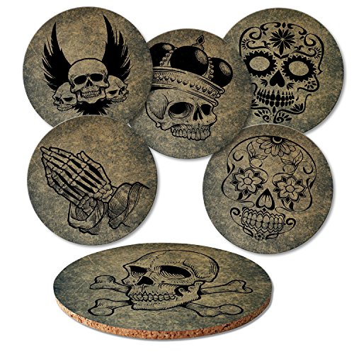 Addies Glas-Untersetzer 6-tlg. Set "Totenkopf" in hochwertiger Klarsicht-Geschenkbox und Korkrückseite, rund, 6 Motive