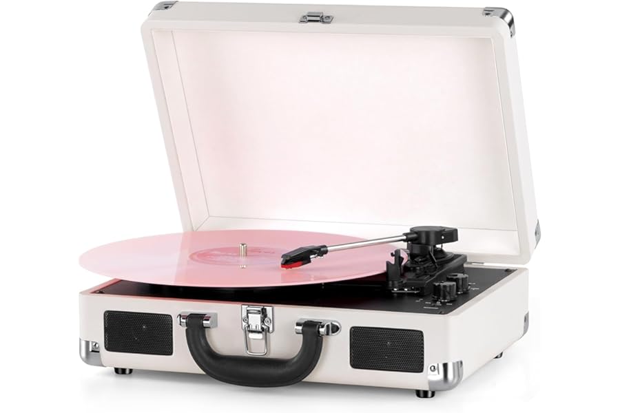 Vinyl Record Player Wireless Turntable Bluetooth 3-Speed Portable Vintage Suitcase with Built-in Speakers, Includes Extra Stylus, RCA Out, AUX in
