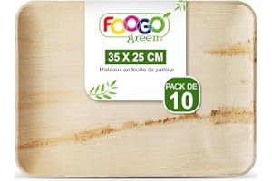 FOOGO Green 10 Plateaux de Service Jetables Feuille de Palmier, Grand 35x25 cm, Pizza, Entrées, Canapés, Planche Charcuterie, Robuste et Ecologique, Comme Plateaux en Bois, pour Plats Chauds