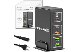 ‎FEEGAR F Stacja ładująca Feegar Tower PRO 140W USB 6-portowa ładowarka sieciowa na biurko, przenośna wieloportowa ładowarka USB z 6 USB-A i USB-C PD PPS Quick Charge QC 3.0.