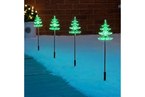 CHRISTOW Christmas Tree Path Lights, Green LED Outdoor Pathway Stake Decorations, Battery Operated with Timer (Set of 4)