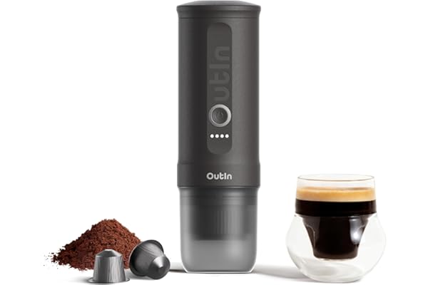 OutIn Nano Machine à café expresso électrique portable, Auto-chauffante avec Charge USB-C, Compatible Café Moulu & Capsules NS - Idéale pour Camping, Voyage, Randonnée, VR