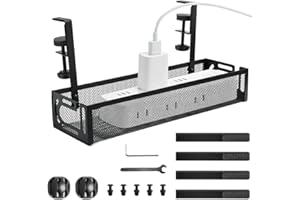 KYYGKY Under Desk Cable Management Tray Mesh Table Cable Basket Box No Drill Cables Tray for Desks Tidy, Desk Cables Wire Organiser Metal Cord Organizer with Clamps for Managing Wires and Power Strips