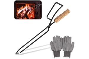 Aoreun Outdoor Pince à cheminée Feu de Camp, 40 cm Pince à Bois Chauffage pince cheminee Pince Bois Chauffage Robuste Accessoires Cheminée pour Feux Camp Cheminées avec Paire Gants