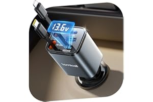Lamicall 4 IN 1 Zigarettenanzünder USB C Auto Ladegerät - [50% Kleiner] [Spannung-Anzeige] 69W USB Adapter Auto Schnellladegerät mit einziehbarem Typ-C Kabel, 24/12V KFZ Ladegerät für iPhone/Samsung