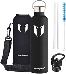 Super Sparrow Stainless Steel Water Bottle - 350ml / 500ml / 620ml / 750ml / 1L - Vacuum Insulated Metal Water Bottle - Standard Mouth Flask - BPA Free - Straw Water Bottle for Gym, Travel, Sports