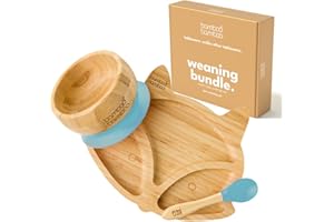 bamboo bamboo Baby Plate & Bowl Set for Feeding and Weaning, Bamboo Fox Plate, Toddler Bowl & Baby Spoon, Suction Plates for Babies from 6 Months (Fox, Blue)