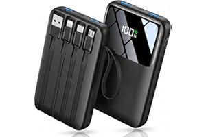 HELLEE 10000mAh Portable Power Bank, 22.5W PD Fast Charger with Digital LCD Screen, Compact External Battery Pack with 4 Built-in Charging Cables, Supports 6 Devices, Ideal for Travel & Festivals