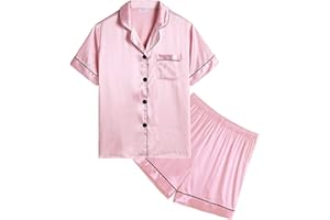 SWOMOG Kids Silk Pyjamas Girls Boys Short Sleeve Satin PJs Sets Button-Down Silky Nightwear Children Sleepwear Teens Age 4-16