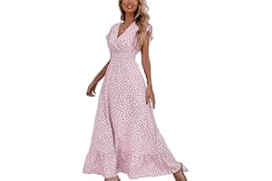 BSLVWG Vestido Maxi Femenino Pétalos de Volantes, Mangas Cortas, Flores de Cuello V en Plena floración, Faldas largas de Ocio en la Playa de Verano