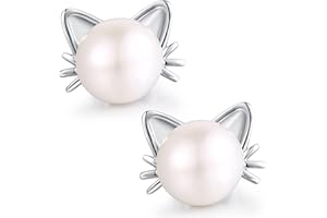 Jiamiaoi Pendientes gato mujer plata Pendientes gato perlas para mujer ninas Pendiente mujer plata Pendientes forma gato de perlas 7.5-8mm Aretes de gato perla
