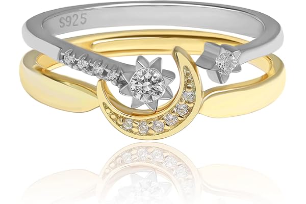 Meissa Bague Femme Lune et étoile Bague Argent Femme Plaquées Or Rose bague de fiançailles femme empilables Cadeau pour Femme Bijoux Taille Reglable de 49 à 56,5 (Or)
