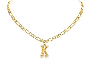 FOCALOOK Initial Necklaces Gold Plated Letter A-Z Pendant Alphabet Jewellery for Women Men, Adjustable Figaro Chain 16"+2" - With Gift Box