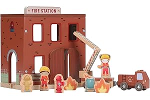 Little Dutch Feuerwache Feuerwehrstation Holz mit Feuerwehrauto, Spielfiguren und Zubehör Ergänzung zur Holzeisenbahn Schienen