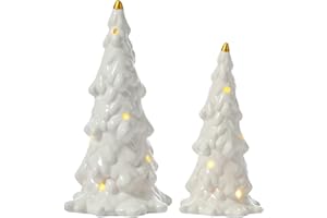 ‎DN DECONATION DN DECONATION Weißer Weihnachtsbaum mit Licht, 2er Set Schneebedeckte Tischdekoration, Batteriebetriebener Keramik-Weihnachtsbaum für Zuhause, Büro, Kaminsims & Weihnachtsdorf