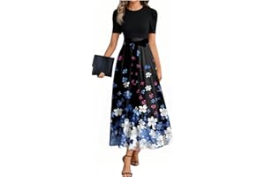 MOKBAY Damenkleid mit Taillenschnürung Blumenmuster Rundhals Maxikleider Spring Schickes Freizeitkleider Fashion Kurzarm Sommerkleider