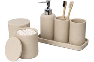 ZCCZ Badezimmer Set – 6 Teile – Badezimmer Organizer mit Zahnbürstenhalter, Seifenspender, Seifenschale, für Kosmetik u. Wattestäbchen – Edle Badezimmer Deko in Marmor-Optik, Sandfarben