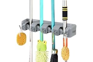 Vicloon Wieszak i organizer, wieszak na miotły do mopa i uchwyt na broom/uchwyt magiczny do kuchni lub garażu (4 pozycje 5 haków)