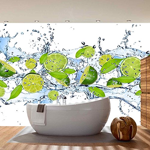 Vlies Fototapete PREMIUM PLUS Wand Foto Tapete Wand Bild Vliestapete – Limetten Wasser Blätter Tropfen Obst Frucht – no. 864, Größe: 300 x 210 cm Vlies - 7