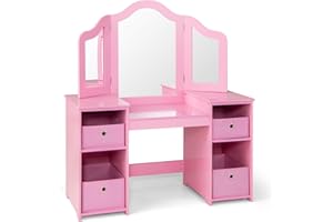 DREAMADE 2 in 1 Kinder Schminktisch mit abnehmbarem Spiegel, Prinzessin Frisiertisch aus Holz mit 4 Schubladeboxen, Kinderschminktisch für Kinder Mädchen (Rosa mit Box ohne Hocker)