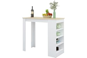 T AUNTY STORE White Bar Table, Breakfast Dining Table with Oak Waterproof Top, Kitchen Table with 4-Tier Storage Shelf, Rectangular Narrow Kitchen Table 110x50x103cm