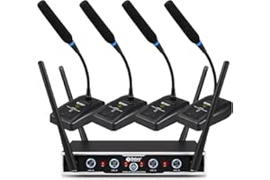 D DEBRA Micrófono inalámbrico profesional DU4004 UHF – Sistema de 4 canales con 16 frecuencias ajustables – Micrófono de cuello de cisne omnidireccional 360° para conferencias y reuniones