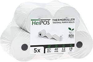 HeiGroup - HeiPOS 5x rotoli termici BPA free (W/Ø) 57mm / 40mm - lunghezza 18m, anima Ø 12mm, peso 52 g/m2, spessore 60 µm, durata di conservazione 10 anni
