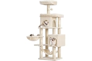 Heybly Cat Tree, Wielopoziomowa Wieża Do Drapania O Wysokości 145 cm, wyposażona w 2 Duże Platformy, 1 Duży Hamak, Kosz Dla Kota, Zabawki w kształcie Piłek i Kuwety Dla Kotów, Beżowy HCT016M