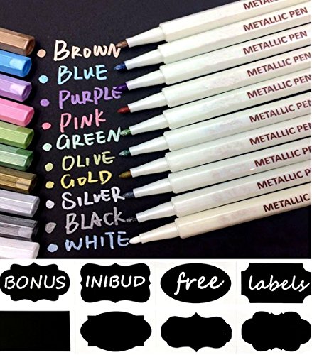 INIBUD Metallic Marker Pens, Satz von 10 Farben inkl. 8 Tafel Labels für Kartenherstellung DIY Fotoalbum Gebrauch auf irgendeiner Oberfläche-Papier Glas Kunststoff Keramik