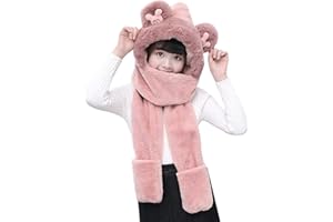 QCHOMEE 3 in 1 Mütze Handschuhe Schal Kinder Plüschmütze Warm Schalmütze Plüsch Kapuzenschal Cartoon Schlupfmütze Nackenwärmer Wintermütze Ohrenklappe Schalmütze Tiermütze Winterschal Ohrenschutz für Outdoor