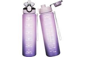 Seekua Sport Tritan Gourde 1l avec Paille & Marqueur de Temps, Motivation Bouteille d'eau sans bpa reutilisable pour Running, Gym, Fitness, 2 Couvercles, 1 litre