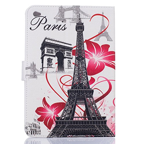 Etsue für iPad Air/iPad 5 [Eiffelturm Rosa Blumen] Leder Tasche Hülle Etui Muster, Bunte Niedlich Painted Ständer Tasche Schutzhülle Smart Shell Wallet Case Magnetverschluss Bookstyle Ledertasche Brieftasche Hülle mit Kartenfächern für iPad Air/iPad 5 + 1x Glitzer Staub Stecker + 1x Blau Eingabestift-Retro Tower Flower - 3