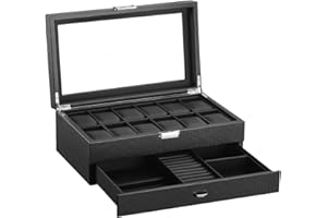 DRAIGERWAY Uhrenbox mit 2 Ebenen,Uhrenbox Schmuck Uhr Aufbewahrungsbox mit Glasdeckel, Uhrenkasten schmuckkästchen Uhrenkoffer 12 Fächer und 1 Schublade für Uhren, Ringe, Armbänder (Kohlefaser-W60B)