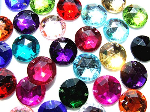 60 Mixed Colours Assorted Random Mix Acrylic Rhinestone Gems 15 mm Round Faceted Surface Flat Back Sew on