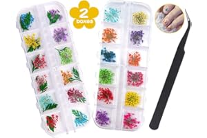 NETUME Flores Secas para Uñas y Manualidades de Resina - 2 Cajas (36 Piezas) con 24 Flores y 12 Hojas 3D - Juego de Decoración Nail Art con Accesorios y 1 Pinza Curva