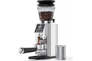 AMZCHEF Molinillo de Café Eléctrico para Espresso, 45 Ajustes de Molienda, Muelas Cónicas de Acero Inoxidable, Soporte para Portafiltros Ajustable, Panel Táctil LED, Tecnología Anti-Stática