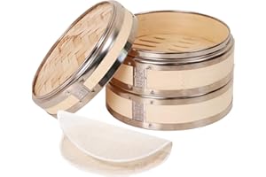MUALADY Bamboo Steamer 21cm (8"), 2 Tiers Bamboo Steamer Basket with Stainless Steel Rim, Kitchen Vegetable Steamer, Dumpling Steamer, for Asian Food Cooking